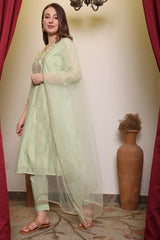 Light Green Embroidred Chanderi Kurta with Silk Pant & Net Dupatta