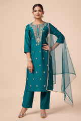 Teal Silk Blend Embroidered Kurta with Pant & Net Dupatta