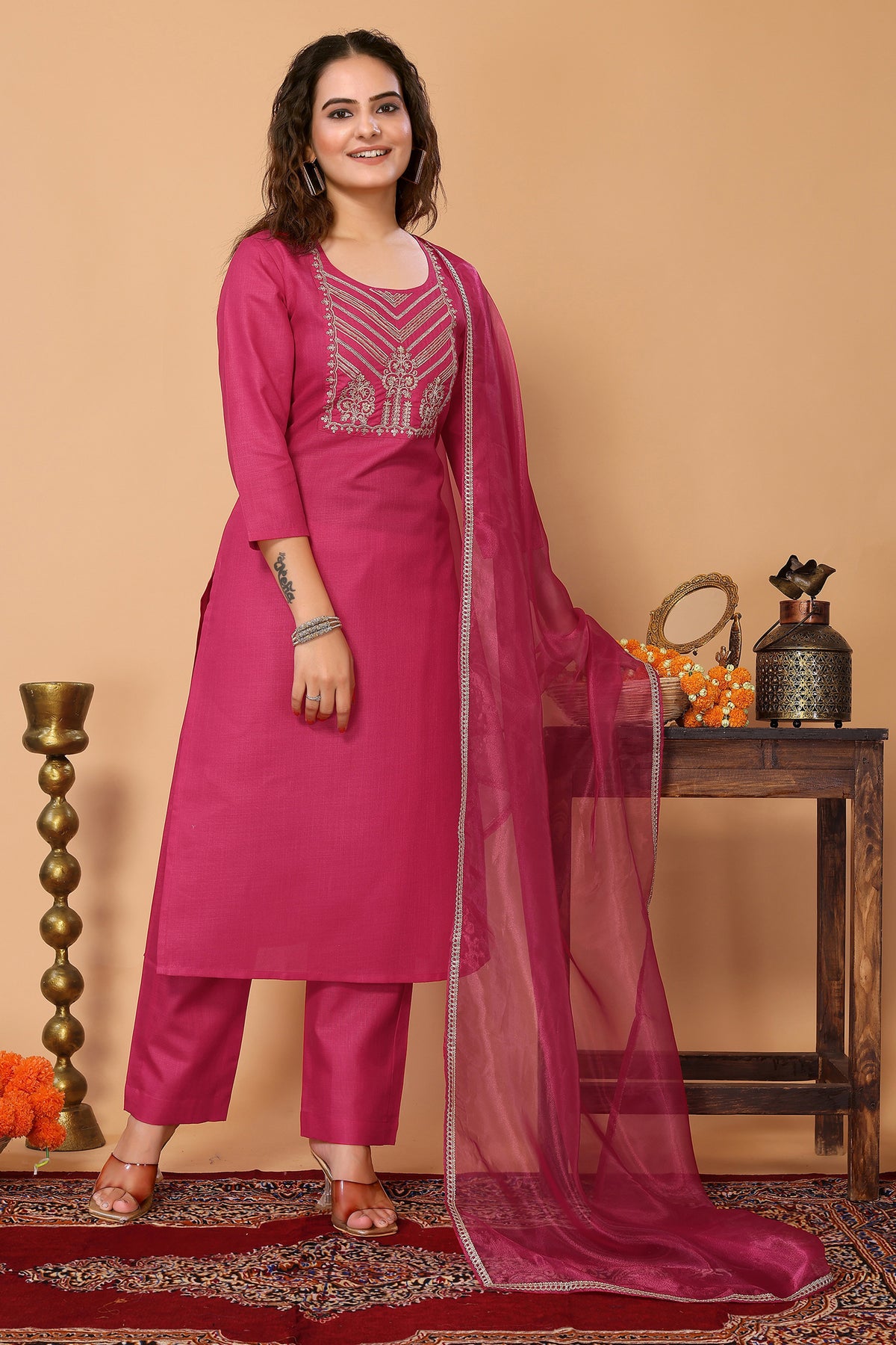 Pink Cotton Blend Embroidered Kurta with Pant, & Dupatta