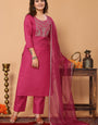 Pink Cotton Blend Embroidered Kurta with Pant, & Dupatta