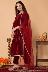 Alia-Cut Red Velvet Kurta, Pant & Net Dupatta Set.