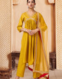 Yellow Silk blend Alia-Cut Embroidered Kurta with Pant & Net Dupatta