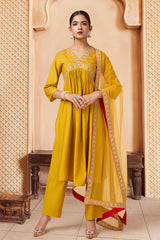 Yellow Silk blend Alia-Cut Embroidered Kurta with Pant & Net Dupatta