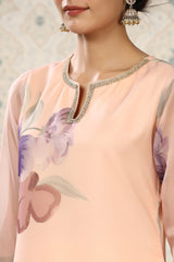 Peach Organza Floral Printed Kurta, with Pant & Dupatta