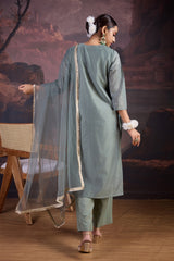 Chanderi Cotton Silk Kurta, Pant, & Net Dupatta with Lining.