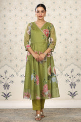 Green Organza Floral Printed Kurta with Pant, & Dupatta