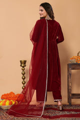 Alia-Cut Red Velvet Kurta, Pant & Net Dupatta Set.