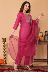 Pink Cotton Blend Embroidered Kurta with Pant, & Dupatta