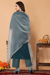 Teal Velvet Kurta with Brocade Pant & Organza Dupatta