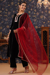 Black Velvet Kurta with Pant & Net Dupatta