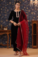 Black Velvet Kurta with Pant & Net Dupatta