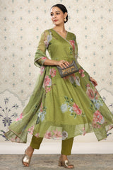 Green Organza Floral Printed Kurta with Pant, & Dupatta