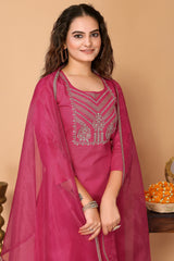 Pink Cotton Blend Embroidered Kurta with Pant, & Dupatta