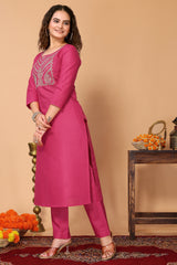 Pink Cotton Blend Embroidered Kurta with Pant, & Dupatta