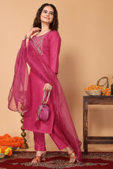 Pink Cotton Blend Embroidered Kurta with Pant, & Dupatta