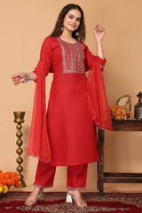 Red Cotton Blend Embroidered Neck Kurta with Pant, & Dupatta.