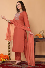 Rust Cotton Blend Embroidered Neck Kurta with Pant & Dupatta