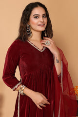 Alia-Cut Red Velvet Kurta, Pant & Net Dupatta Set.