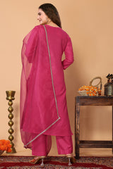 Pink Cotton Blend Embroidered Kurta with Pant, & Dupatta