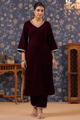 Maroon Velvet Kurta with Velvet Pant & Net Dupatta