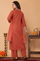 Rust Cotton Blend Embroidered Neck Kurta with Pant & Dupatta