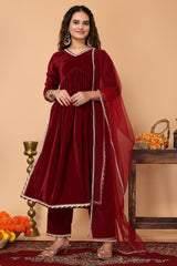 Alia-Cut Red Velvet Kurta, Pant & Net Dupatta Set.