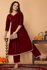 Alia-Cut Red Velvet Kurta, Pant & Net Dupatta Set.