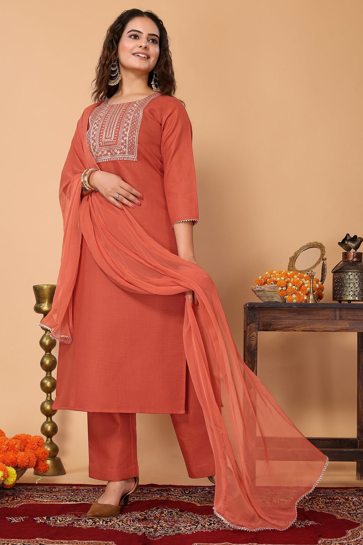 Rust Cotton Blend Embroidered Neck Kurta with Pant & Dupatta