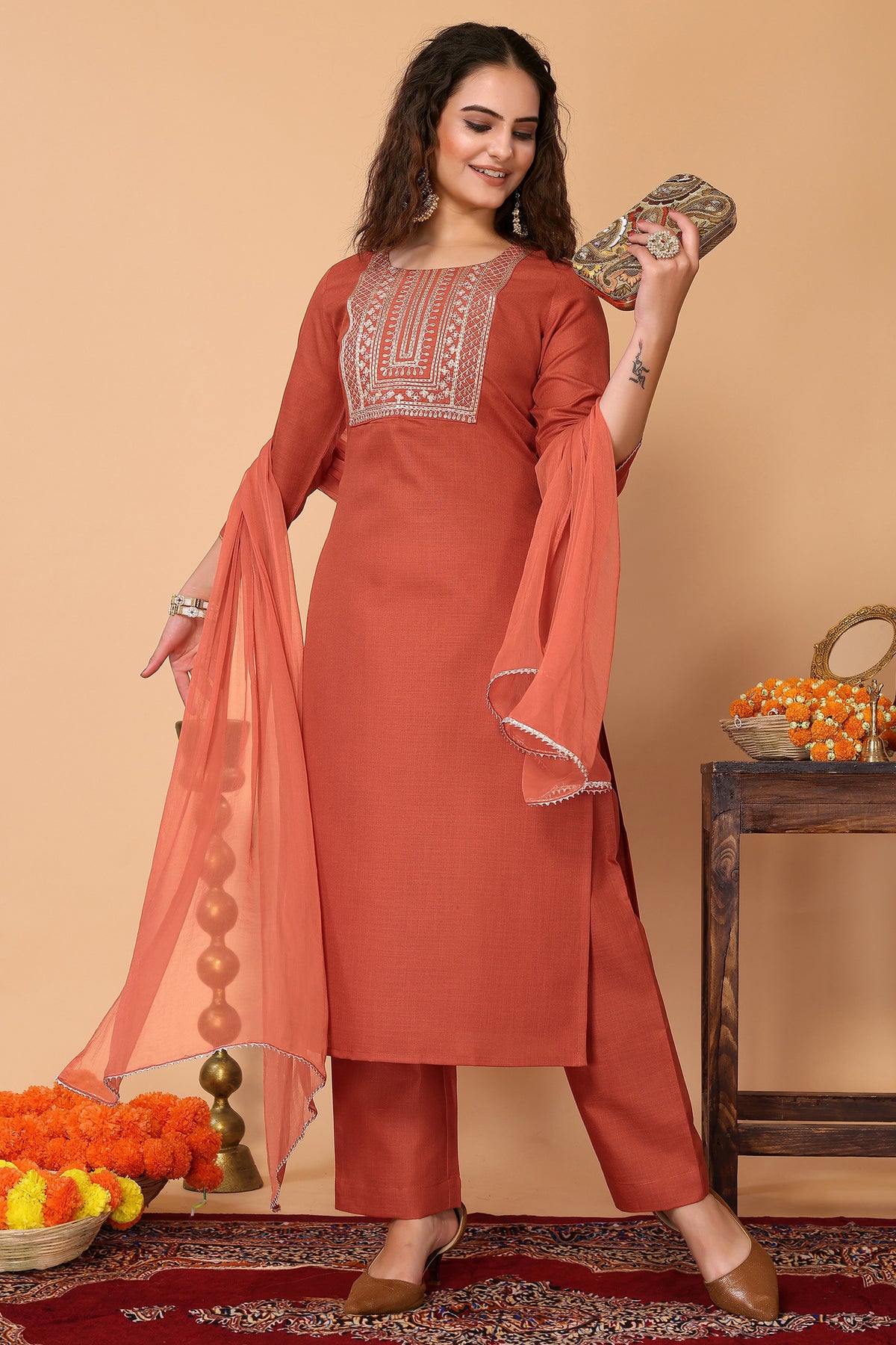 Rust Cotton Blend Embroidered Neck Kurta with Pant & Dupatta