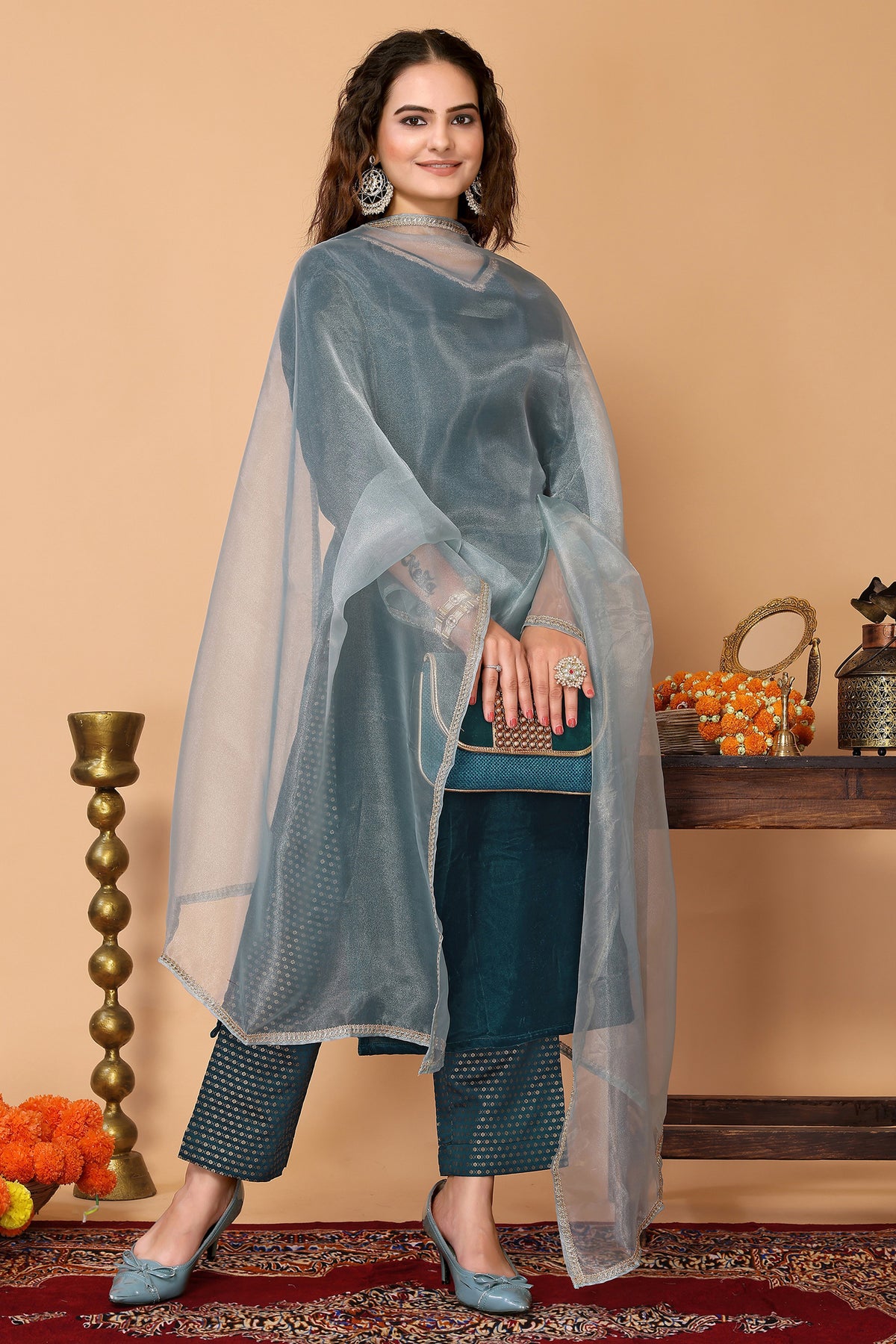 Teal Velvet Kurta with Brocade Pant & Organza Dupatta