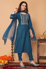 Blue Cotton Blend Embroidered Neck Kurta with Pant, & Dupatta.