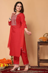 Red Cotton Blend Embroidered Neck Kurta with Pant, & Dupatta.