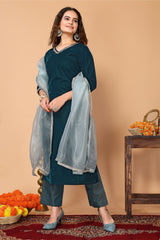 Teal Velvet Kurta with Brocade Pant & Organza Dupatta