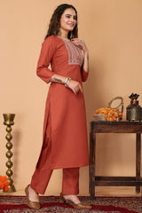 Rust Cotton Blend Embroidered Neck Kurta with Pant & Dupatta