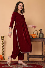 Alia-Cut Red Velvet Kurta, Pant & Net Dupatta Set.