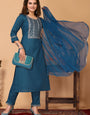 Blue Cotton Blend Embroidered Neck Kurta with Pant, & Dupatta.