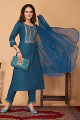 Blue Cotton Blend Embroidered Neck Kurta with Pant, & Dupatta.