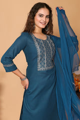 Blue Cotton Blend Embroidered Neck Kurta with Pant, & Dupatta.