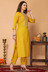 Yellow Cotton Blend Embroidered Neck Kurta with Pant, & Dupatta.