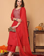 Red Cotton Blend Embroidered Neck Kurta with Pant, & Dupatta.