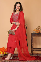 Red Cotton Blend Embroidered Neck Kurta with Pant, & Dupatta.