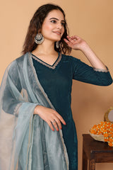 Teal Velvet Kurta with Brocade Pant & Organza Dupatta