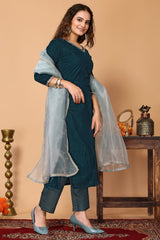 Teal Velvet Kurta with Brocade Pant & Organza Dupatta