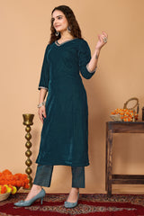 Teal Velvet Kurta with Brocade Pant & Organza Dupatta