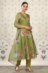 Green Organza Floral Printed Kurta with Pant, & Dupatta