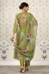 Green Organza Floral Printed Kurta with Pant, & Dupatta