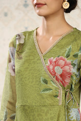 Green Organza Floral Printed Kurta with Pant, & Dupatta