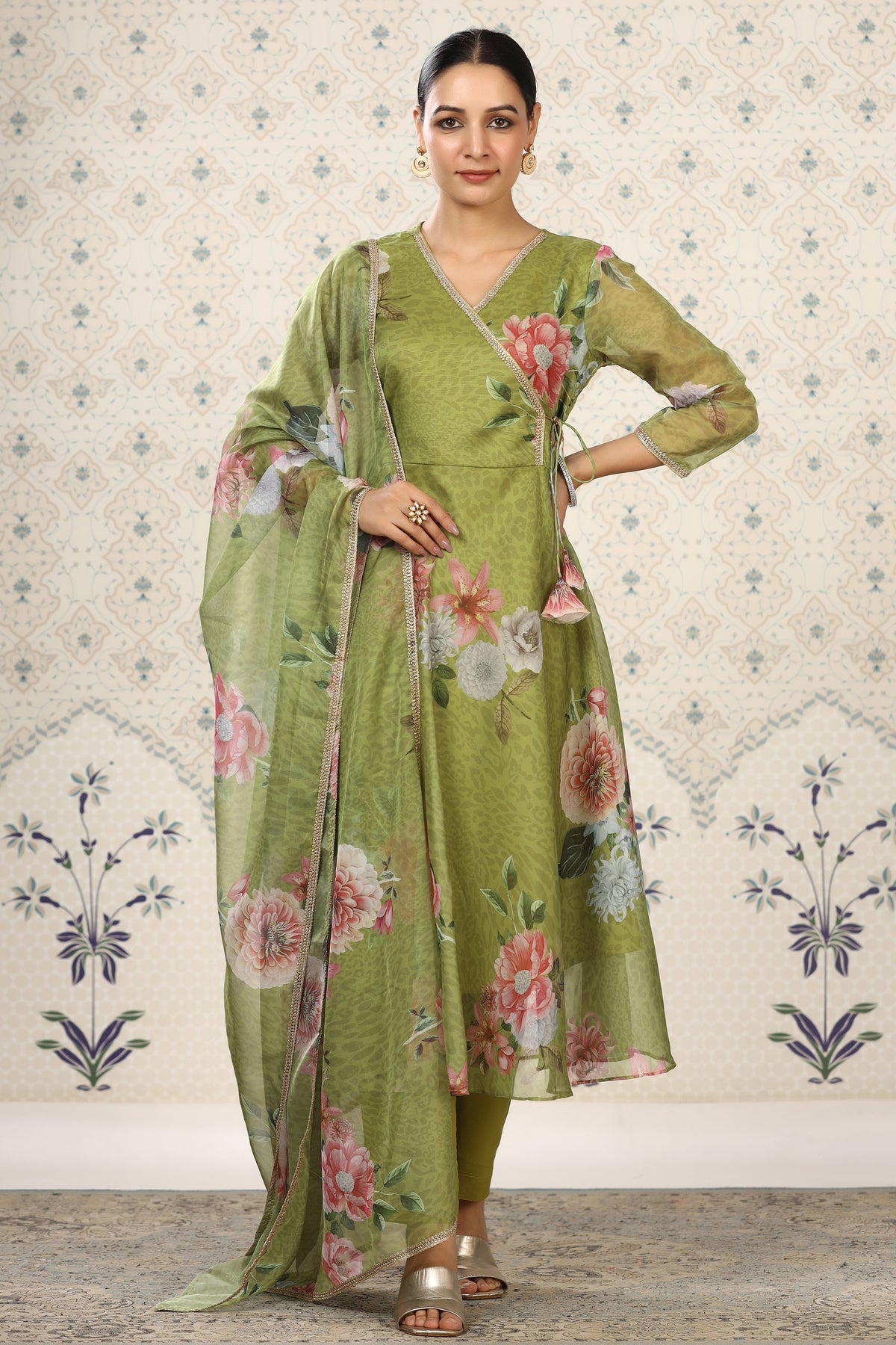 Green Organza Floral Printed Kurta with Pant, & Dupatta