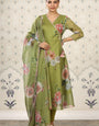 Green Organza Floral Printed Kurta with Pant, & Dupatta