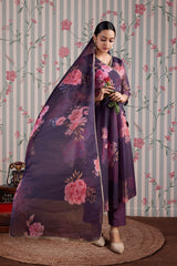 Purple Organza Floral Printed Kurta with Pant & Dupatta